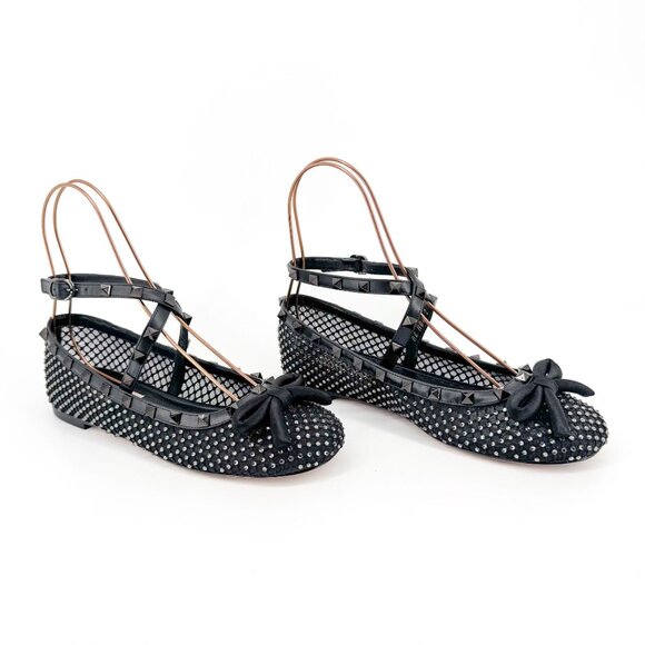 Valentino Garavani Rockstud Mesh Crystal Ballet Flats Black Size 37.5 US 7.5 - Picture 1 of 15